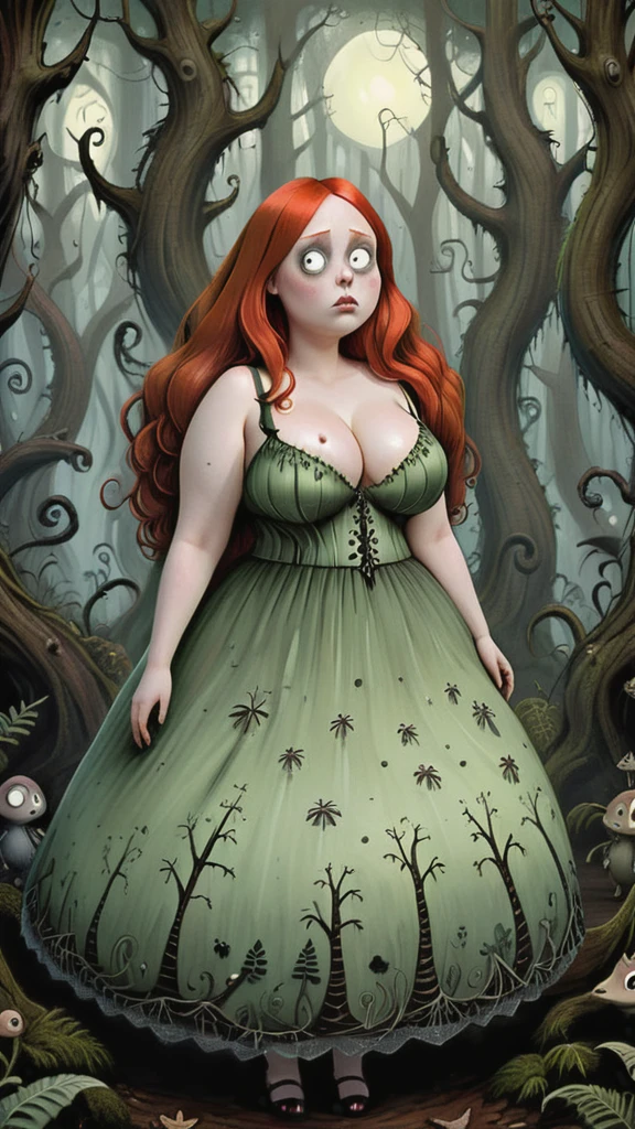 Young red haired chubby woman, steps into a Tim Burton-inspired forest. Forest is full of peculiar creatures. Girl has giant breasts and wears intricate dress with big cleavage, The forest is a blend of anime aesthetics and Burtonesque surrealism, becomes a canvas for adventure where every corner hides a peculiar surprise.,(hand drawn with pencil:1.15), (tim burton style:1.27), huge breasts, curvy body, detailed, 