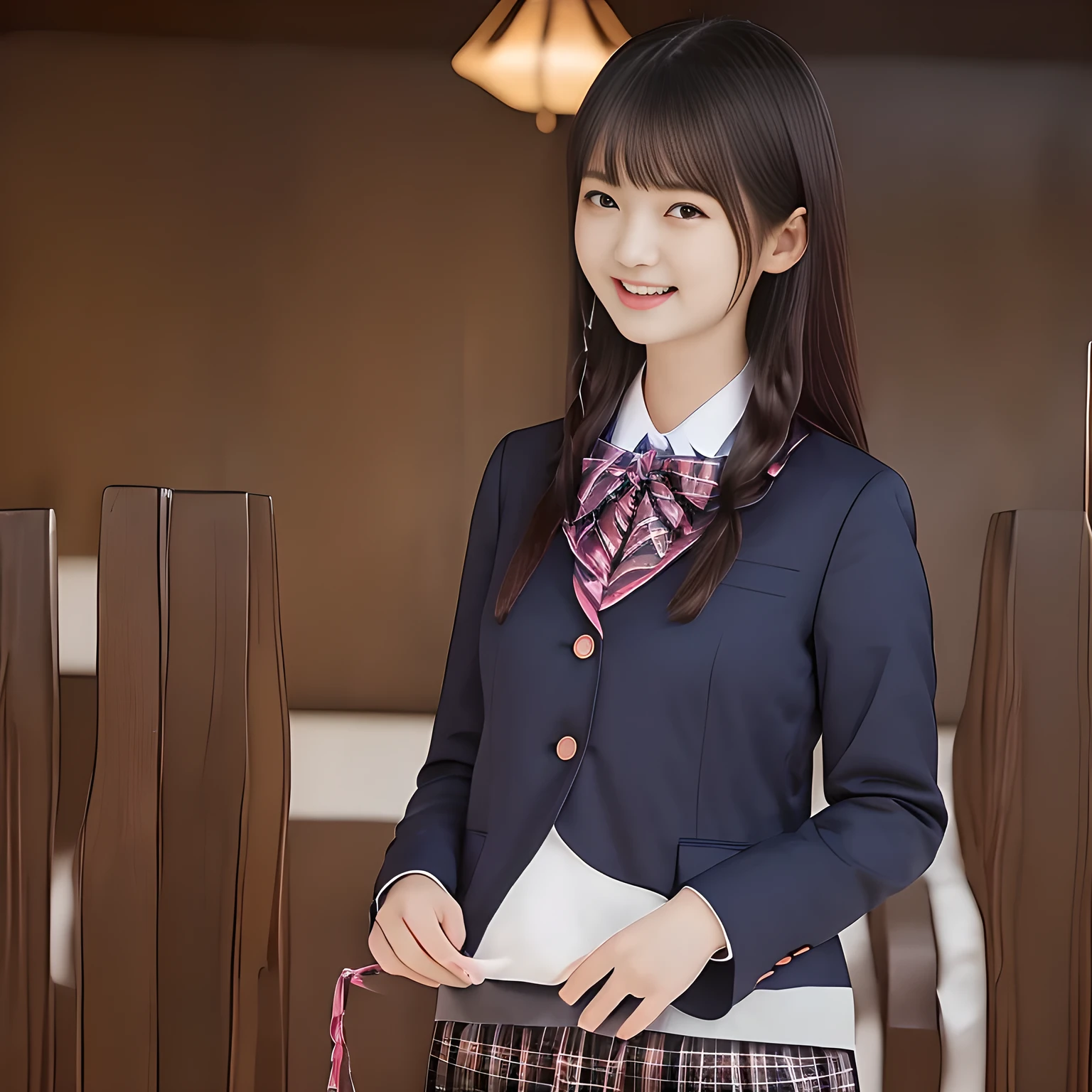 (Highest quality, masterpiece:1.2), Highest quality, High resolution, 1080P, 8k, height: 165cm, ((A noble and intelligent succubus who looks like a best proportion Japanese young lady is turning her face around and magically proudly hypnotizing the viewer)), ((So sweet, very noble, neat, and pretty Japanese beautiful cute girl)), ((A real, very girly, sweet, cute and noble girl)), ((((A beautiful Japanese cute fashion model)))), ((((Very pure white face and limbs)))), Glossy Lips, (Evenly cut bangs), ((Very beautiful, droopy, cute, pure, noble brown eyes)), ((Super long, black braids hair that reaches the floor)), (Very shiny, glossy Lips), ((Beautiful tight braids hair like a school promotion model)), Watch at you, ((Incredibly well organized, Rich facial expressions)), ((Plump and beautiful white skin and face)), ((Pure, clear, gentle brown eyes)), ((staring at me)), Glossy Lips, ((noble and elegant)), ((As the succubus charms you with her magic and giggles)), ((((Succubus is fascinating, calling to the depths of eternity)))), Very beautiful blue skirt, ((Large upward-curving lips)), ((Look directly at the viewer)), White Hand, (((Navy Japanese school blazer with noble golden emblem))), ((Navy and sapphire blue Japanese school uniform)), ((Tartan check pattern pleated long skirt)), ((Blue string chest ribbon)), ((((An ecstatic expression of boundless joy)))), ((Morning clouded women-only train-car background)), ((Evilly moving tongue)), ((((Promotional image of girl's facial esthetic salon)))), perfect body, ((turning around and trying to capture me as a succubus))