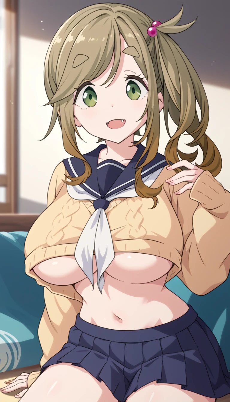 Aoi Inuyama,NSFW, loose camp, medium hair, chest, bangs, brown hair, hair ornament, side ponytail, flowing bangs, thick eyebrows, hair bobble, skin fangs, green eyes, fangs, sailor color, sweater, Motosu , yellow Sweater, white neckerchief, pleated skirt, thighs, breasts exposed, big breasts, underboob
