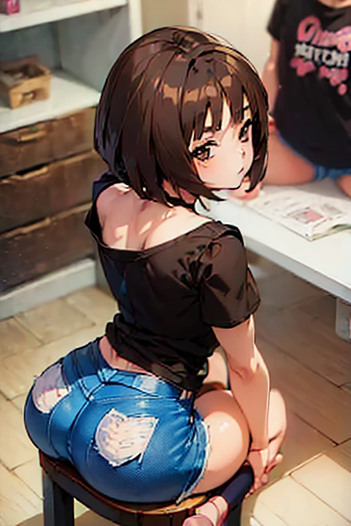 (anime:2.0), (teenage girl, short brown hair:1.7), (pose sitting on a stool with his back to the camera:1.3), Background room, (denim shorts, Black T-shirt, leggings:1.3)