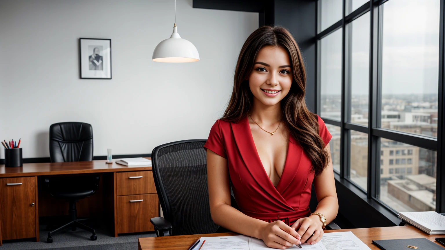 a beautiful girl in a professional office setting, black hair, looking at viewer, elegant red business attire, (red business dress), gentle expression, full smile, professional and efficient, warm lighting, photorealistic, highly detailed, cinematic composition, dramatic lighting, color grading, Rembrandt lighting