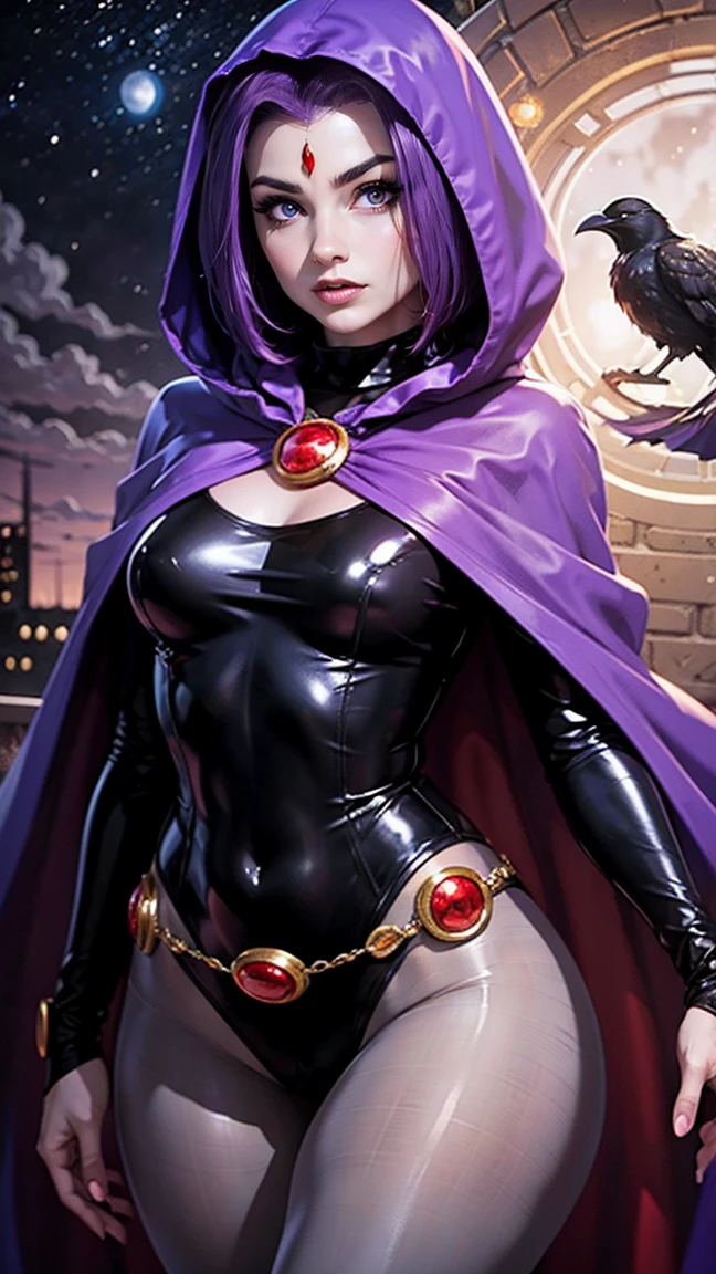 illustration of Raven from DC Comics, 1 girl, Raven, turtleneck, Black leotard, Black cape, hood, purple hair, forehead jeEmel, purple eyes, short hair, Belt, tight skin, standing, cleavage, toned, pose, night , moonlight, ((posing)), movement lines, torso, upper body, portrait, B&Em. contour, in anime tarot card art style, elegant, glamorous, reflection, shine, shading, pantyhose 40 dinier, small