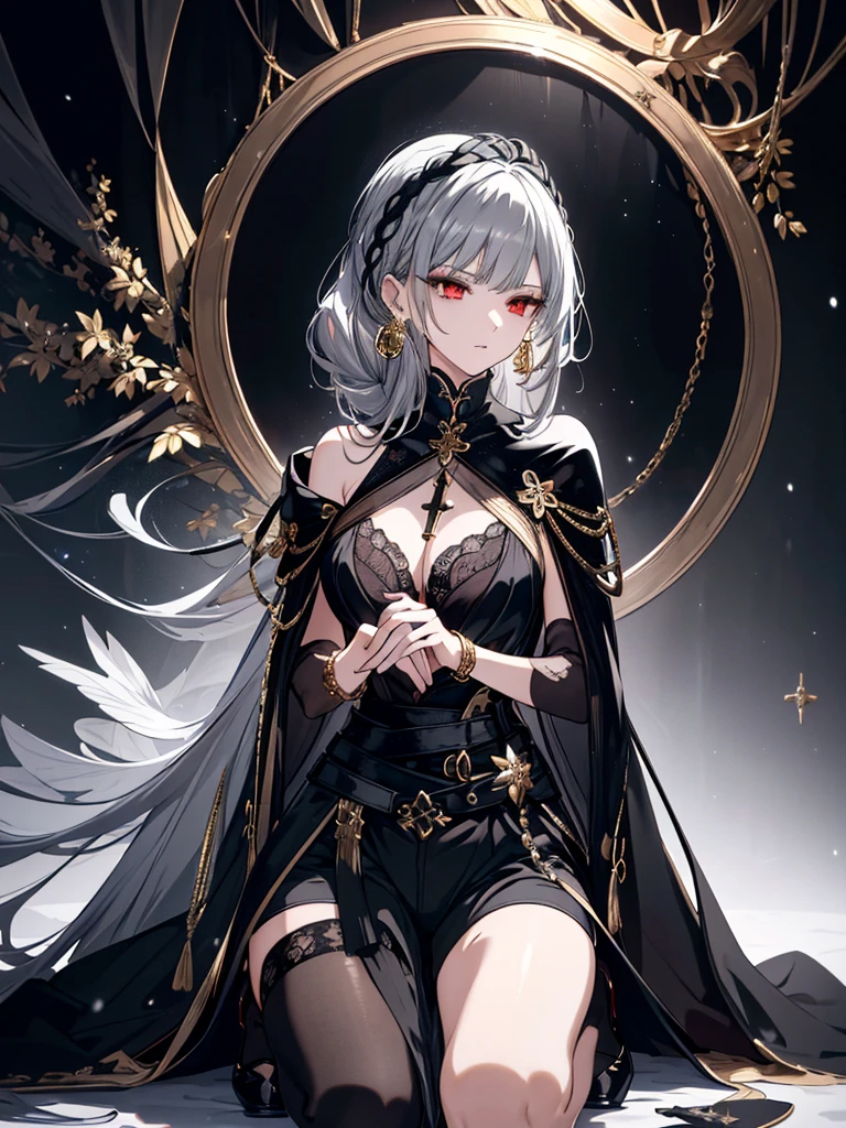 8k,High resolution RAW color art, Anime Art,Silver Marble Skin, (((Highly detailed elegant))), Detailed skin, texture,(Exquisitely crafted, The finer details, Ultra-detailed art), (((1 girl))), Depth of written boundary, Silky Touch, Hyper Detail, (((Cool face))), eye shadow、Armed women, Beautiful detailed red eyes, Beautiful lip detail, Highly detailed face, Delicate depiction of hair and eyes, Detailed Fashion, Golden Earrings,Full body depiction, Black half-top bra、Black shorts、Waist Cloak、black tights、Golden decoration, Gray Hair, Golden bracelet, Straight Hair、(((Hair)))、ice flower、moonlight、Calm background、(((Black theme)))、snow、Side view、Kneeling