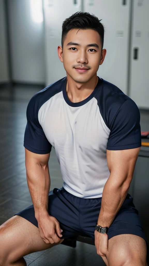 Masterpiece, best quality, high resolution, realistic, handsome, Take beautiful photos, A photo of a 35-year-old Gym Association member sitting on the floor. (The man has a thin mustache.) ,Full body, Portrait, Standing in the locker room, make military media, weight, Amazing , Buzzcut short hair,stubble head , (Hyper Muscle),looking at the audience, Flirt with the camera, charming, (Tight navy blue workout shirt. Cargo pants ),(GS-Male:1), 8k,Bokeh,Portrait,look at the viewer, smile
