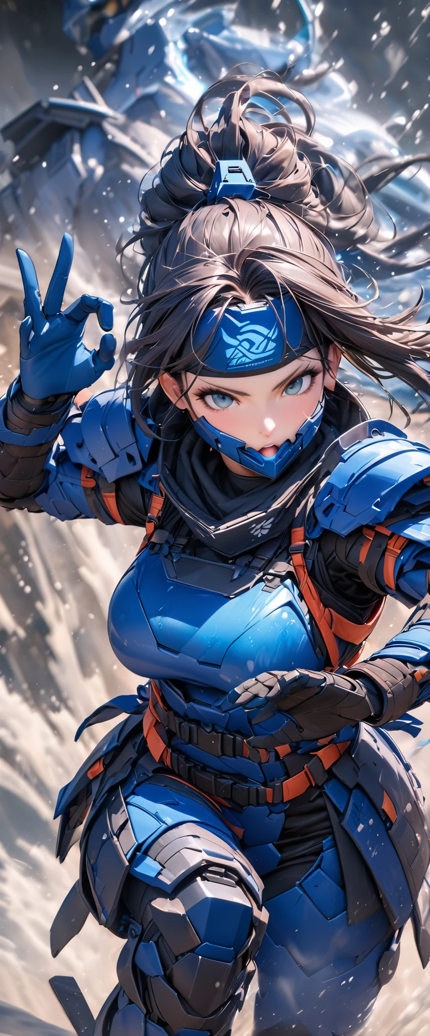 (masterpiece),(Highest quality),(High resolution),(Very detailed),8k,wallpaper,(Armored Core Style),Woman in ninja robot armor,(Tactical Forehead Protector),Random Hairstyles,(Water Ninja),(Blue body),(Detailed face),((Cowboy Shot)),(The background is thick fog:1.3),(dynamic),(Making a Ninja Sign:1.3),(action shot),Detailed hands,Beautiful female hands,(Hand,detailed,perfect,perfection,hands)