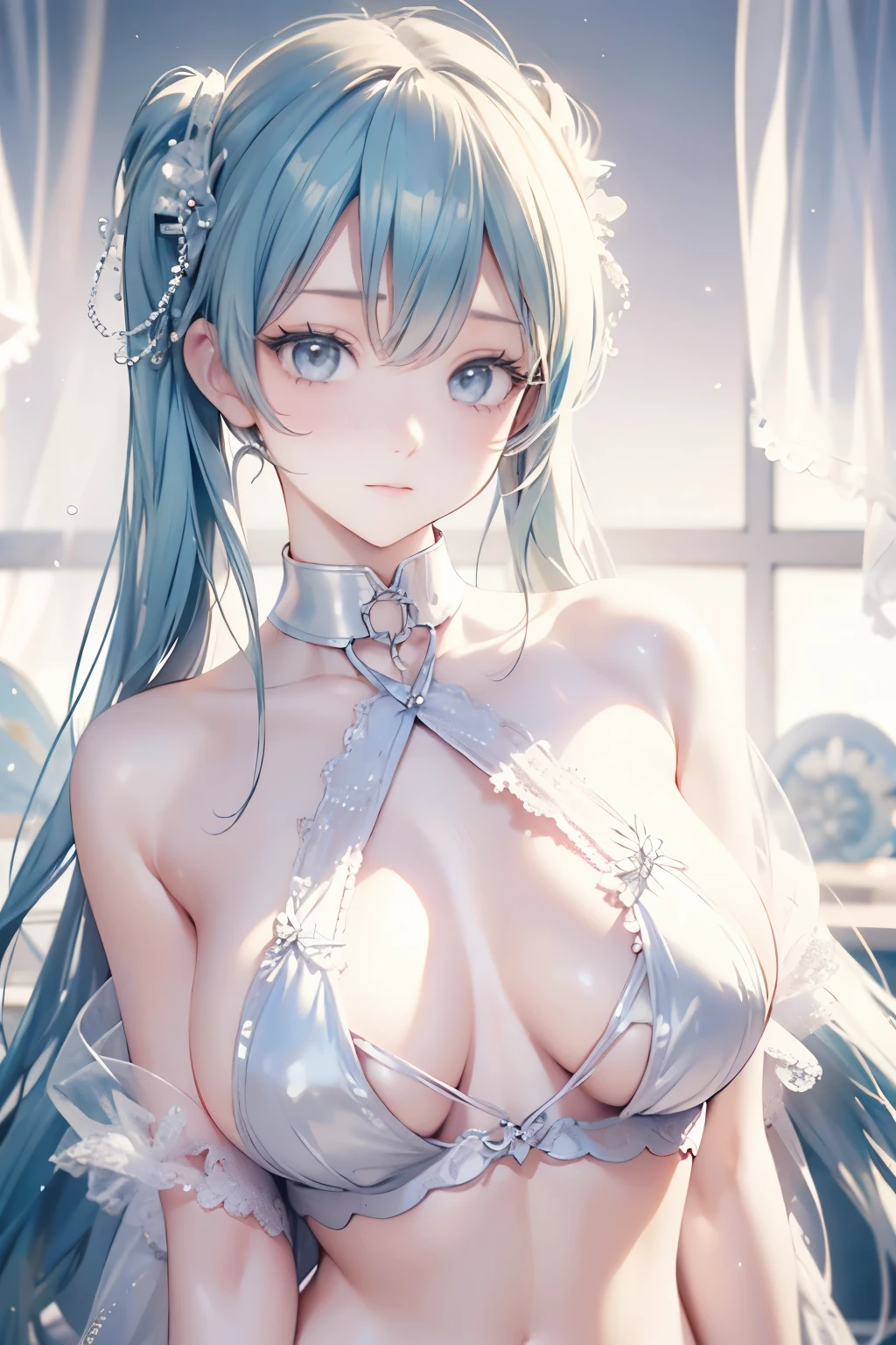 see through,Beautiful and fair、Radiant Skin, 3 Up, Gorgeous, bright, Refreshing and gentle expression, Perfect beautiful face、Beautiful shiny bangs, A very beautiful girl, Eyeliner, Very perfect eyes,Very large breasts,Grooves reveal original skin,Muscular body,White lace underwear,Hatsune Miku,Hairy,Hairy