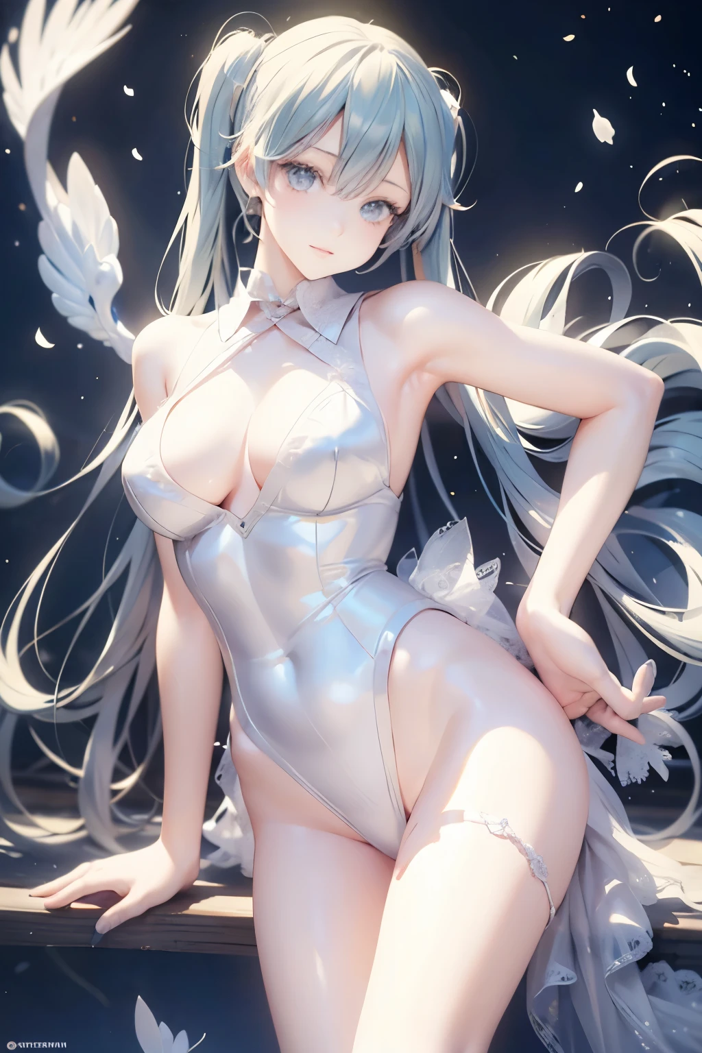 see through，Beautiful and fair、Radiant Skin, 3 Up, Gorgeous, bright, Refreshing and gentle expression, Perfect beautiful face、Beautiful shiny bangs, A very beautiful 17 year old girl, Eyeliner, Very perfect eyes，Very large breasts，Grooves reveal original skin，Muscular body，White lace underwear，Hatsune Miku，Hairy，Hairy