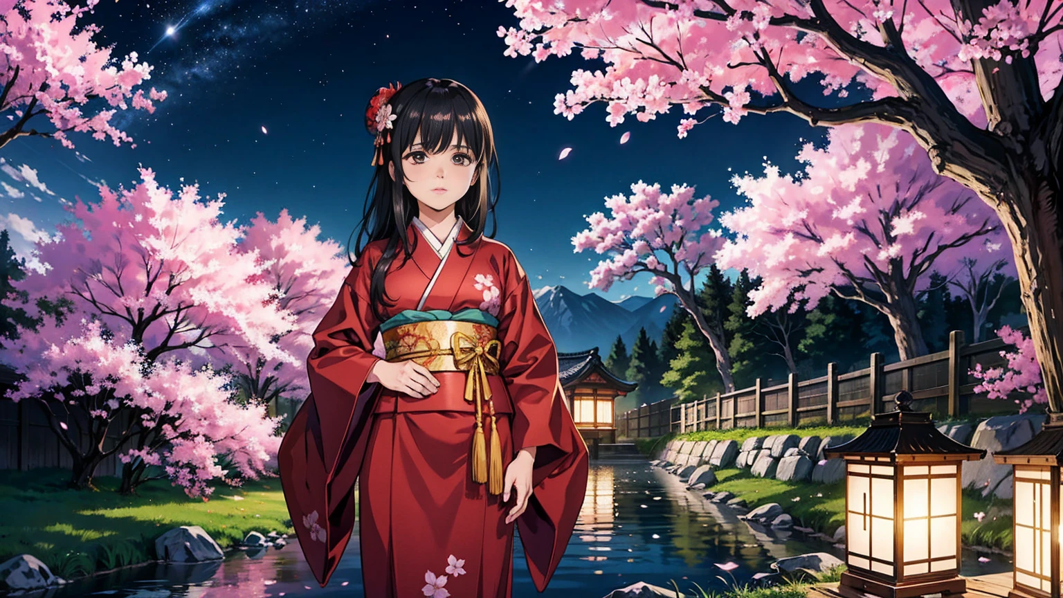 A female wanderer in traditional Japanese attire, with slightly dirty clothes, standing under night cherry blossoms. She has a weathered yet determined expression on her face. Her kimono, while beautiful, shows signs of travel with smudges and wear. She stands under the sakura trees, with petals illuminated by the soft glow of the moonlight falling around her. The night sky is clear, with stars twinkling above. The scene is serene and enchanting, capturing the essence of a journeying spirit.