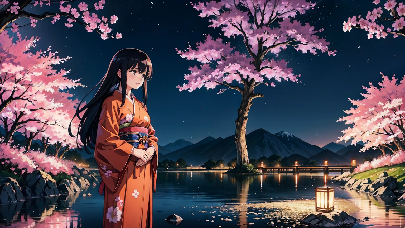 A female wanderer in traditional Japanese attire, with slightly dirty clothes, standing under night cherry blossoms. She has a weathered yet determined expression on her face. Her kimono, while beautiful, shows signs of travel with smudges and wear. She stands under the sakura trees, with petals illuminated by the soft glow of the moonlight falling around her. The night sky is clear, with stars twinkling above. The scene is serene and enchanting, capturing the essence of a journeying spirit.