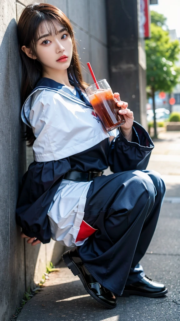 The content is very detailed、tmasterpiece、top-quality、Super high resolution A、8K high-definition、Photogenic clarity、Detailed eyes、grade、perfect anatomy body proportions, hdd、NSFW , ,there is a woman that is leaning against a wall,A drink in hand, Urzans, She is seen wearing streetwear, Anime girl role play, japanese streetwear, Popular topics on cgstation, 2 d CG, Anime girl squats, Loose wide collar sailor suit, ecchi style, gas station trends, dark blue and red, Korean fashion model,upperbody closeup,Street photography,Strawberry print,watery big eyes,Wearing blue contact lenses