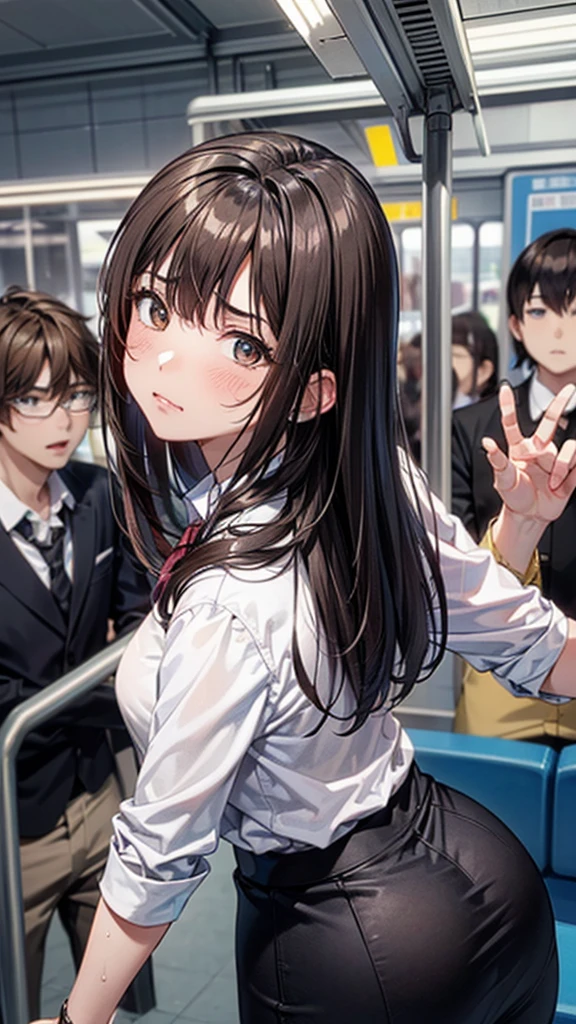 (Browsing Caution:1.3), ((masterpiece)), ((Highest quality)), (Very detailedな), ((cute)), cute, (Lovely), ((sexy)), (device), ((Very detailed)), 4K, (8k), Highest quality, (beautiful), Anime Style, Genuineistic, Genuine, Dynamic Angle, ((1 Girl, alone, cute girl)), ((Office Lady Suits)), ((hyper cute face)), beautiful light brown hair, beautiful black eyes, ((beautiful eyes)), Large Breasts, Embarrassing, blush, ,Hold on to the railing of a train,Underarm, (Underarmを見せる:1.3),(avert your eyes:1.4), (Inside the train:1.3),(Crowded train:1.3),
Upper Body,(White shirt:1.5),
,Alternative Breast Size, Grab your chest, (boy,Grab from behind:1.5)
,(Frowning:1.2), (Embarrassing,blush:1.2),(A face stunned with despair:1.1),Sweat,(anger:1.2)