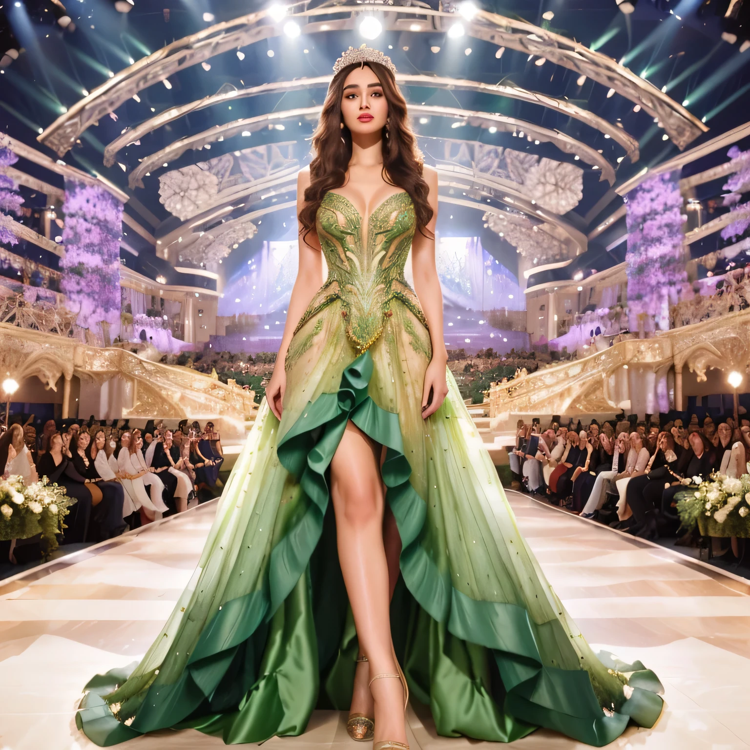 a woman in a green dress standing on a stage with a crowd, rendering of beauty pageant, fantasy long intricate gown, extravagant dress, anton fadeev 8 k, fantasy dress, expensive voluminous dress, flowing gown, intricate fantasy dress, long gown, 8k)), glamorous runway model, dilraba dilmurat, dressed beautiful gown