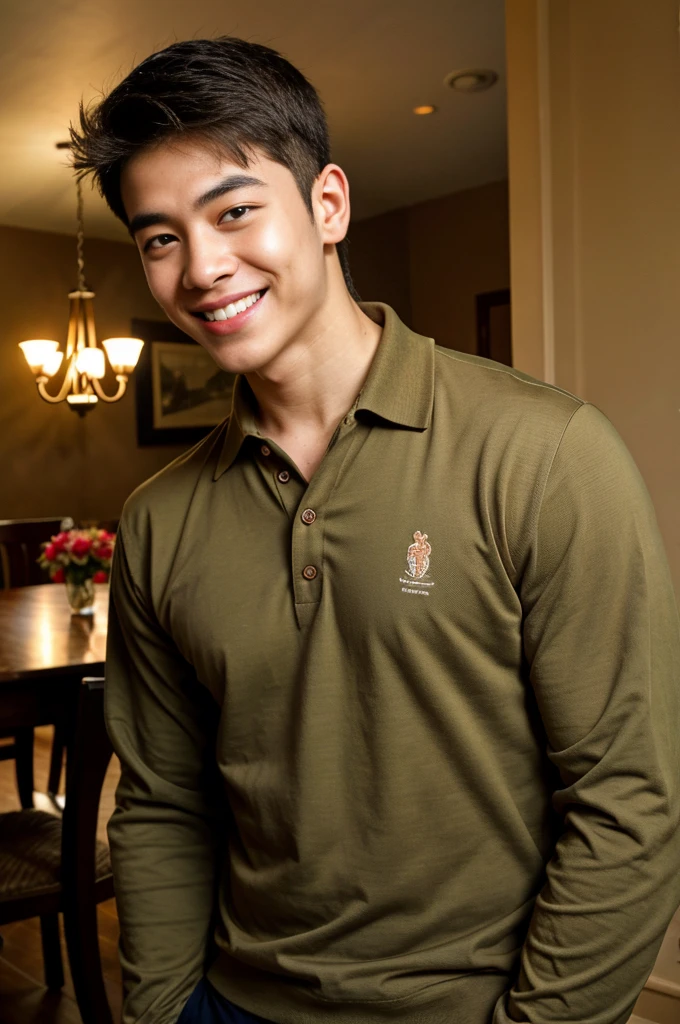 (best quality, 4K, 8k, high resolution, Masterpiece: 1.2), Special details, (realistically, As realistic as a photo, photo realistic: 1.37), Edge lighting, Extra detailed coloring, sharp focus, Physical rendering ,Extremely detailed description,professional,light color,Bokeh,Portrait,look at the viewer, Young Asian man, 20 years old ,(wearing a brown polo shirt), smile ,dining room