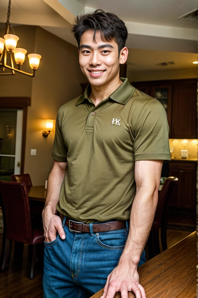 (best quality, 4K, 8k, high resolution, Masterpiece: 1.2), Special details, (realistically, As realistic as a photo, photo realistic: 1.37), Edge lighting, Extra detailed coloring, sharp focus, Physical rendering ,Extremely detailed description,professional,light color,Bokeh,Portrait,look at the viewer, Young Asian man, 20 years old ,(wearing a brown polo shirt), smile ,dining room