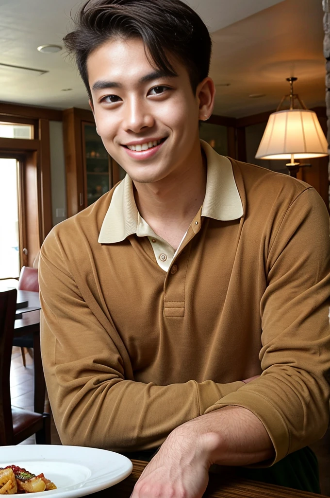 (best quality, 4K, 8k, high resolution, Masterpiece: 1.2), Special details, (realistically, As realistic as a photo, photo realistic: 1.37), Edge lighting, Extra detailed coloring, sharp focus, Physical rendering ,Extremely detailed description,professional,light color,Bokeh,Portrait,look at the viewer, Young Asian man, 20 years old ,(wearing a brown polo shirt), smile ,dining room