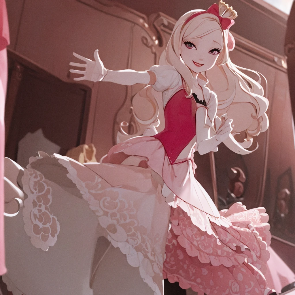 ((masterpiece,best quality)), absurdres,
Apple_White_EAH,  pink skirt, 
solo, smiling, looking at viewer, cowboy shot, 
school background, cinematic composition, dynamic pose,