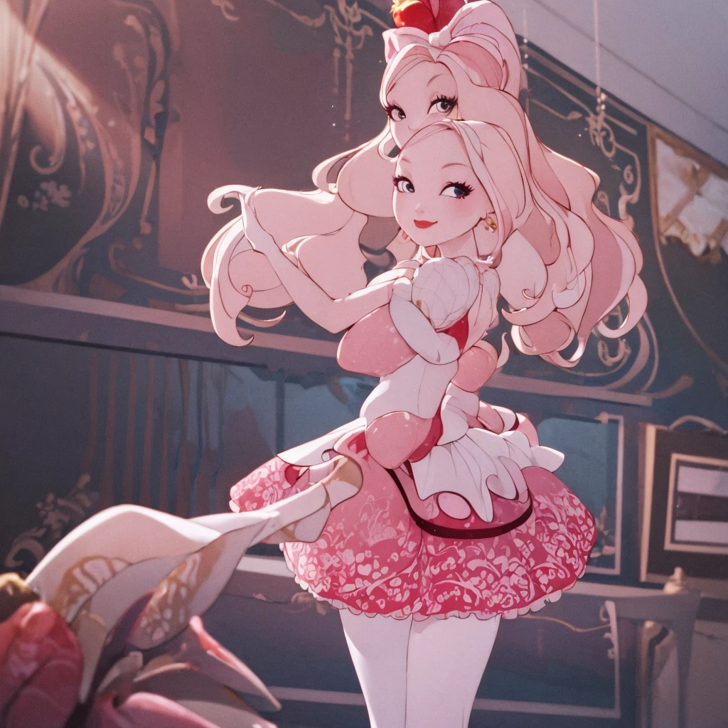 ((masterpiece,best quality)), absurdres,
Apple_White_EAH,  pink skirt, 
solo, smiling, looking at viewer, cowboy shot, 
school background, cinematic composition, dynamic pose,