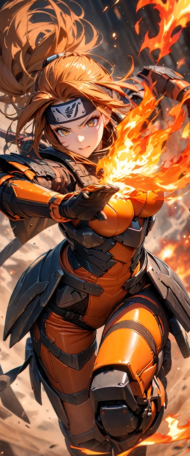 (masterpiece),(Highest quality),(High resolution),(Very detailed),8k,wallpaper,(Armored Core Style),Woman in ninja robot armor,(Tactical Forehead Protector),Random Hairstyles,(Fire Ninja),(Orange body),(Detailed face),((Cowboy Shot)),(The background is a blazing flame:1.3),(dynamic),(Use fire ninjutsu:1.3),(action shot),((Detailed hands,Beautiful female hands)),(Hand,detailed,perfect,perfection,hands)