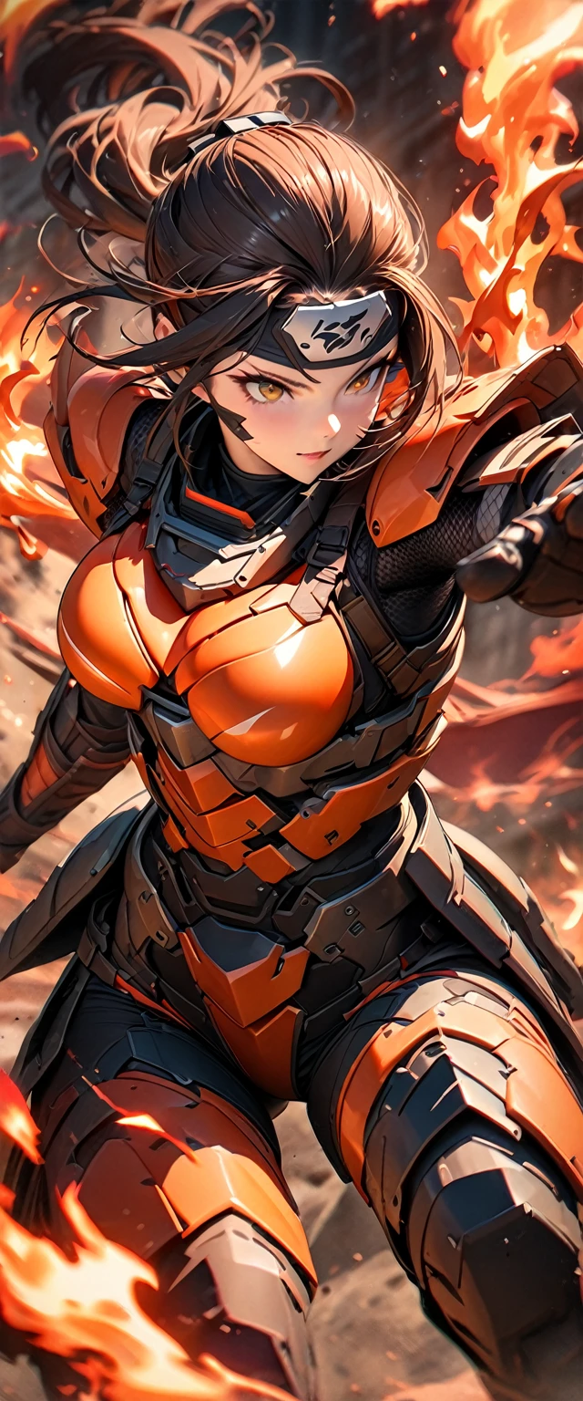 (masterpiece),(Highest quality),(High resolution),(Very detailed),8k,wallpaper,(Armored Core Style),Woman in ninja robot armor,(Tactical Forehead Protector),Random Hairstyles,(Fire Ninja),(Orange body),(Detailed face),((Cowboy Shot)),(The background is a blazing flame:1.3),(dynamic),(Use fire ninjutsu:1.3),(action shot),((Detailed hands,Beautiful female hands)),(Hand,detailed,perfect,perfection,hands)