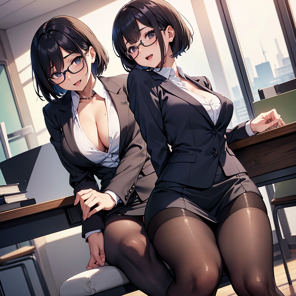 masterpiece, best quality, high definition images, atmospheric perspective, expressive eyes, perfect face, ultra detailed, solo, 1mature seductive woman sitting on desk, smile, pinup, sexy pose, alluring pose, female teacher, black short bob hair, simple glasses, business suit, jacket, blouse, pencil skirt, tight mini skirt, lifting skirt,  black panties, curvy, thighs, pantyhose, high heals, spread legs, focus groin, open mouth, from below, in study room,