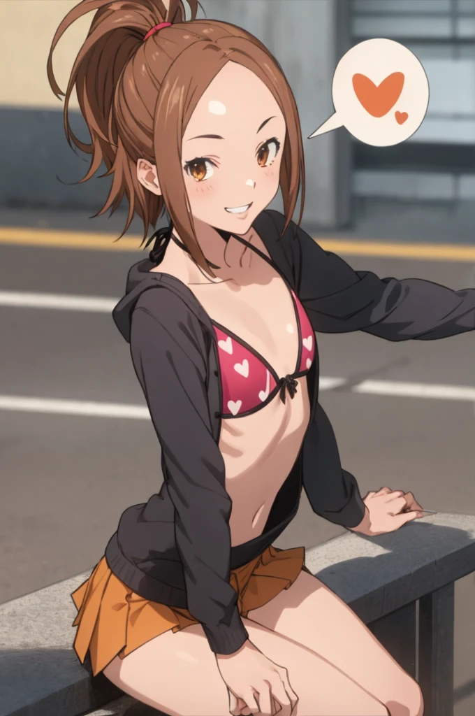 miyoshi kaya, light brown hair, high ponytail,orange eyes, parted bangs, forehead,
 1girl,solo,looking at viewer, ,evil smile,bikini,,(spoken heart),,outdoor,flat chest,miniskirt,long sleeves