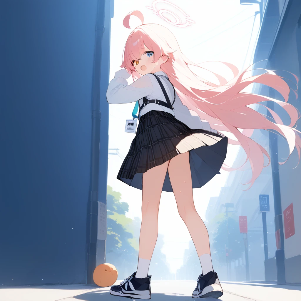 score_9, score_8_up, score_7_up, source_anime, best quality, masterpiece, official art, absurdres, highres, ultra-detailed,waifu2x,Collection: Slice of Life,break,1girl, hoshino \(blue archive\),heterochromia,long hair,pink hair,ahoge,halo,white shirt,plaid skirt,necktie,sneakers,id card,sweat, open mouth, (yawn:0.3), sleepily, outdoors, wind,break,(clear line illustration:1.2), super detailed skin,very high resolution, very aesthetic, Best sexual lighting powered by famous artist, 8k,cute picture,beauty illustration,photoshop_(medium),,(Detailed Lighting),best anime 8k konachan wallpaper, pixiv contest winner,