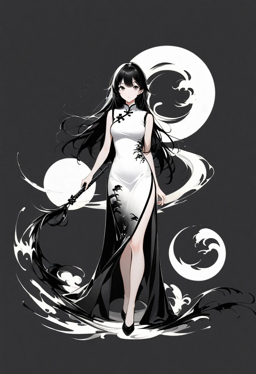 艺术Ink Painting，立体Ink Painting，Minimalism，Minimalism图形艺术，Chinese anime girl，whole body，Chinese，，Ink Painting，cheongsam，Black long hair，Black and white background，古韵White space，White space，大面积White space，Textured Matte，Low saturation，Minimalism构图，Main Composition