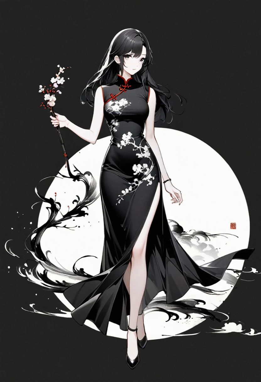 Artistic ink painting，Three-dimensional ink painting，Minimalism，Minimalist graphics，Minimal Art，Chinese anime girls，whole body，Chinese style，antiquity，Ink Painting，cheongsam，Black long hair，Black and white background，古韵White Space，White Space，大面积White Space，Texture Matte，Low saturation，Minimalist composition，Master composition