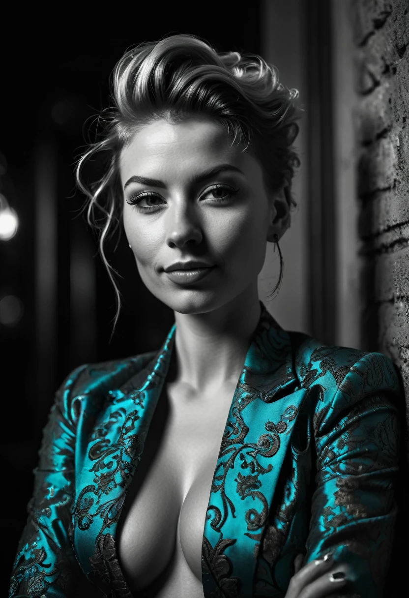 Ultra detailed, intricate detail, cinematic photo. intense backlight. Chiaroscuro. Beautiful face, intricate. Night in new york. Black and white, b&w, golden hour.
Award winning monochromatic photograph in extreme low angle full body portrait of shy smile, playful, strong Beautiful punk rock woman in very ornate tight teal suit, Cleavage,. Posing smiling. Undercut, shaved redhead.
Caravaggio style. Vermeer, Goya, Caravaggio. Cleavage.