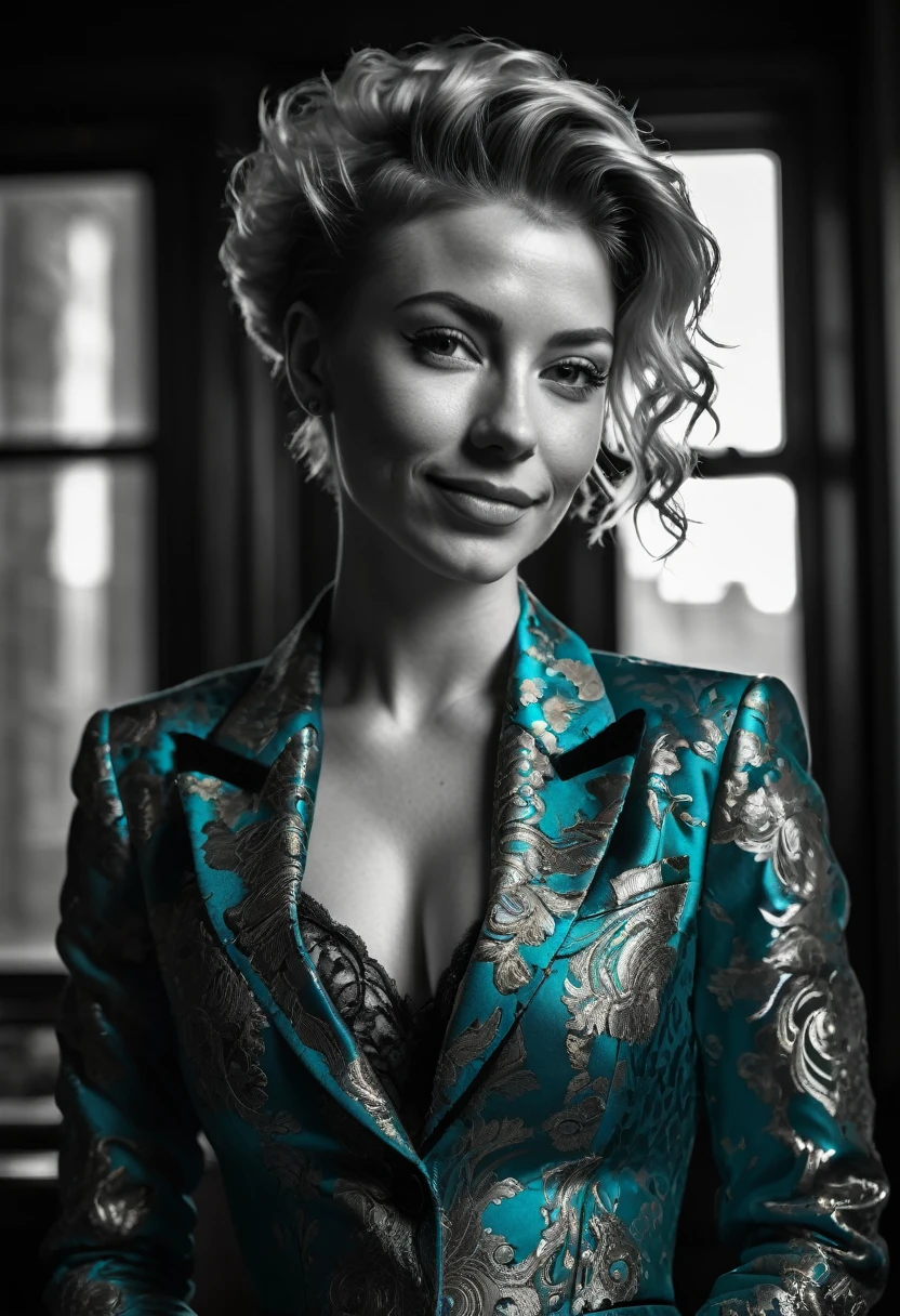 Ultra detailed, intricate detail, cinematic photo. intense backlight. Chiaroscuro. Beautiful face, intricate. Night in new york. Black and white, b&w, golden hour.
Award winning monochromatic photograph in extreme low angle full body portrait of shy smile, playful, strong Beautiful punk rock woman in very ornate tight teal suit, Cleavage,. Posing smiling. Undercut, shaved redhead.
Caravaggio style. Vermeer, Goya, Caravaggio. Cleavage.