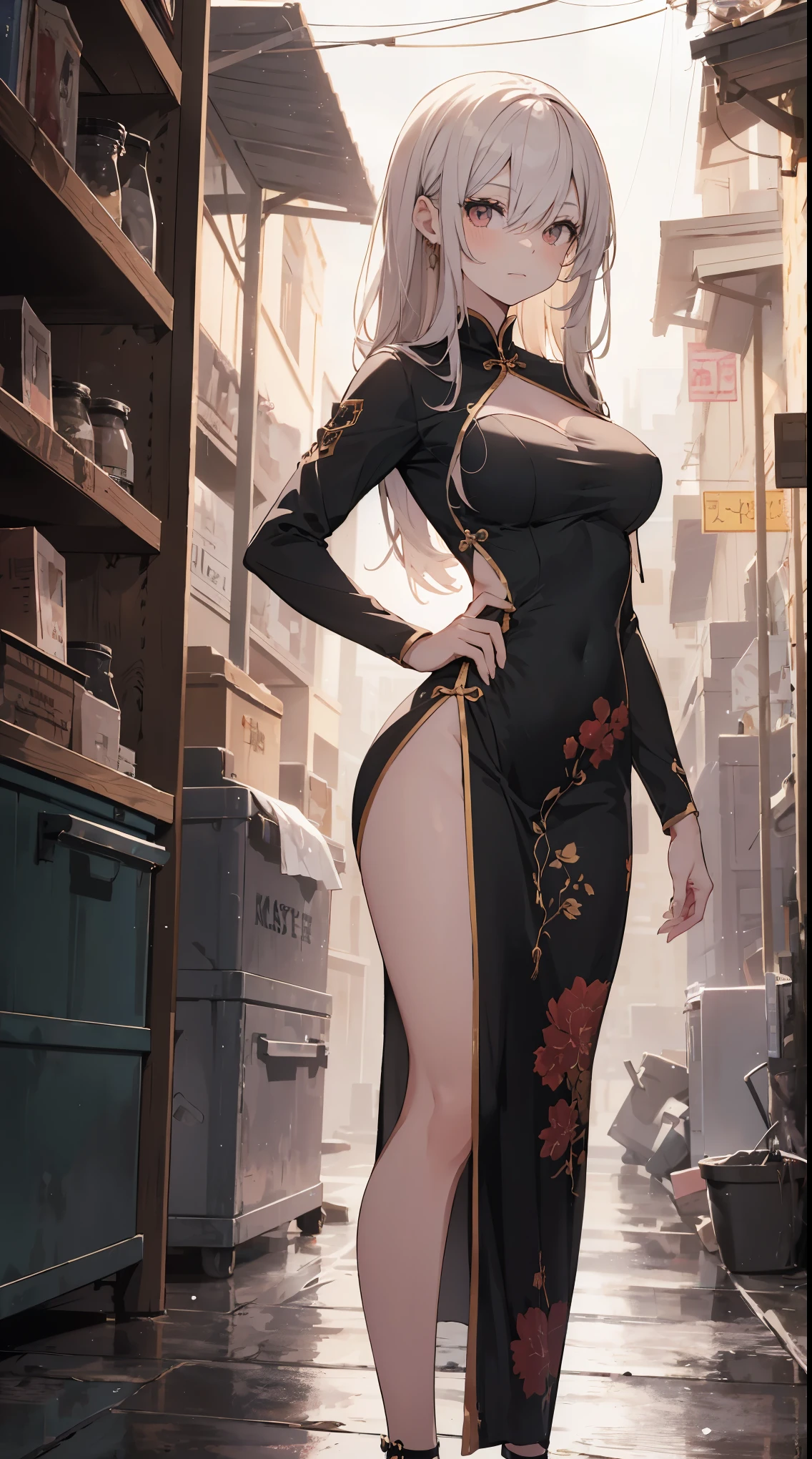 This illustration depicts a cute girl with well-toned beautiful muscles who is fighting. She is an organized person and has a twinkle in her eye. The place is like a back alley. However, the most noteworthy thing is the "last mysterious high-energy body" she emits. This energy body released from her body has the power to obliterate the garbage in the store. The pale light reaches every corner of the room. When standing, she is wearing a long Chinese dress with a slit that shows off her thighs. I'm obsessed with fighting. It's raining.
