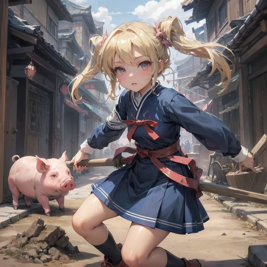 masterpiece, (textured skin), best quality, gorgeous beautiful, (a beautiful girl,pig ears,pig tail),detailed clothes,large breasts,narrow waist,, (beautiful face), cinematic lighting, (fantasy anime art ),