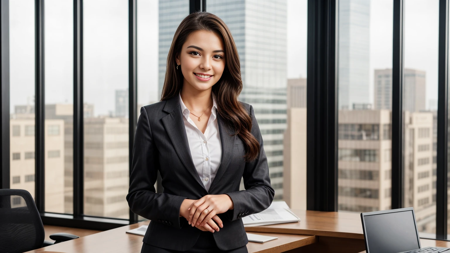a beautiful girl in a professional office setting, black hair, looking at viewer, elegant red business attire, (red business dress), gentle expression, full smile, professional and efficient, warm lighting, photorealistic, highly detailed, cinematic composition, dramatic lighting, color grading, Rembrandt lighting