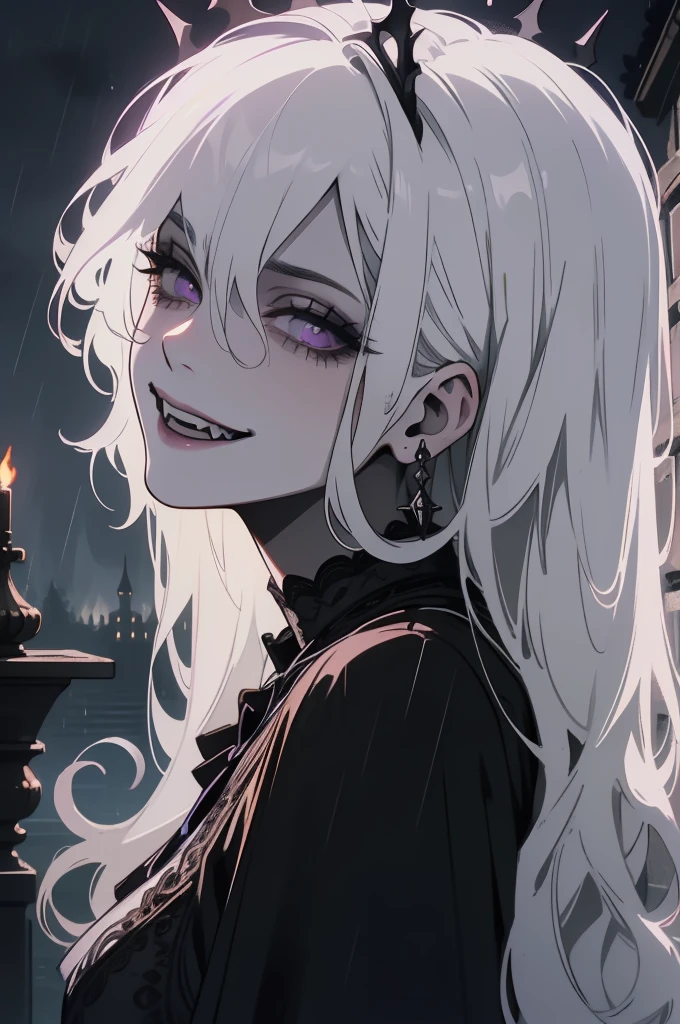 (outside, scary castle, rain, evening, soft light, The light is dim., Mood swings, horror \(Theme\), ), (Crazy details, Beautifully detailed face, Masterpiece, best quality), 1 girl, Devil Girl, mature woman, (white hair), amethyst colored eyes, Scary smile