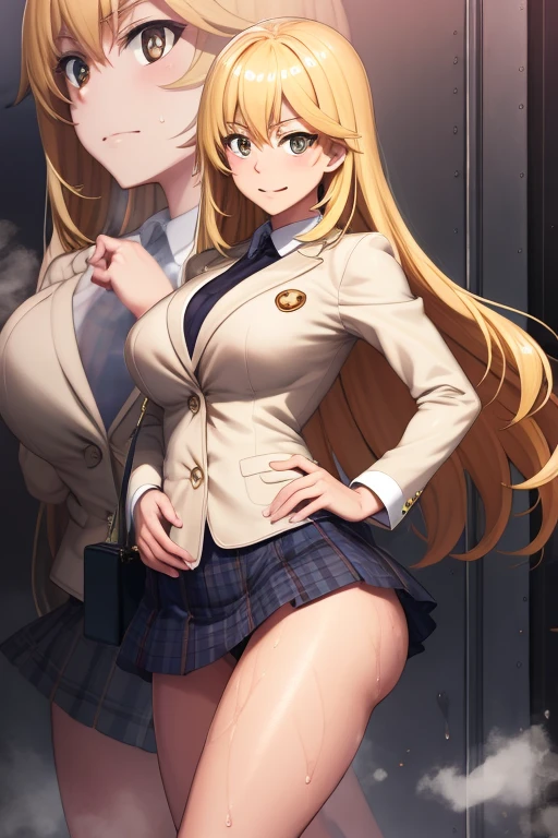 masterpiece,best quality,high resolution,8k,ultra HD,wallpaper,illustration,beautiful detailed eyes,perfect face,cowboy shot,beautiful detailed eyes,extremely detailed face,perfect lighting,extremely detailed CG,perfect hands,perfect anatomy,perfect body,perfect hands,perfect fingers,1woman,full body,megami magazine,(muscle fighter:1.1),yellow medium hair,(yellow eyes:1.3),(large breasts:1.3),Medium ASS,,school light cream brown blazer and inner white-shirt,blue medium skirt, clothed,looking at viewer,sexy look pose,cameltoe,Steam,wet,sweat,Tokiwadai Junior High School,,,(A Certain Scientific Railgun character Shokuhou Misaki),