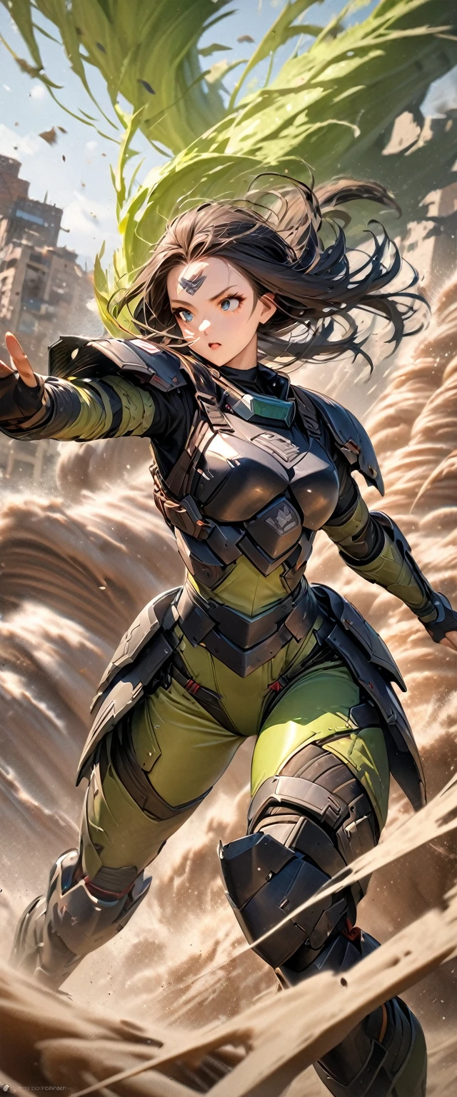 (masterpiece),(Highest quality),(High resolution),(Very detailed),8k,wallpaper,(Armored Core Style),Woman in ninja robot armor,(Tactical Forehead Protector),Random Hairstyles,(Wind Ninja),(Light green body),(Detailed face),((Cowboy Shot)),(The background is a tornado:1.3),Hair blowing in the wind,(dynamic),(Use wind ninjutsu:1.3),(action shot),((Detailed hands,Beautiful female hands)),(Hand,detailed,perfect,perfection,hands)