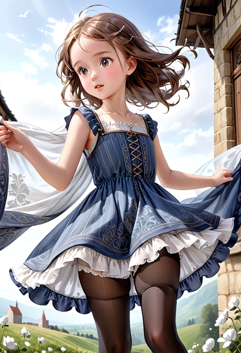  underwear, Realistic panties made from patterned cotton fabric, Medieval one-piece dress with panniers, Fabric Realism, Low - Angle, You can see the drawer, Pull up the dress by hand, Strong winds, Translucent slip, Translucent slip, tights, Highest quality, Crotch close-up, whole body
