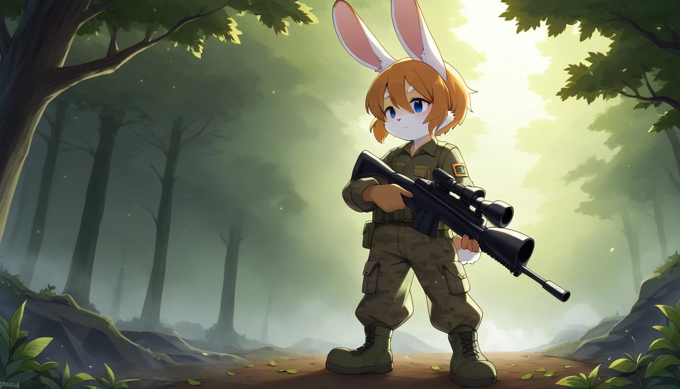 ((Masterpiece)), ((Best Quality)), (Very Detailed), ((Very Detailed)), 4K, (8K), very aesthetic, absurdres highres, 1 girl, (anthropomorphic rabbit, furry, kemono:1.8), A sniper in a camouflage uniform is holding a rifle in the fog, his eyes are sharp and alert to the surrounding situation, the rifle is equipped with a night vision scope to help him miss the target even in the fog In a foggy forest, the trees stand out vaguely. The sniper is hiding in the fog. Fallen leaves are scattered on the ground, and the smell of damp earth is in the air. The backlighting effect makes the sniper's silhouette stand out, and the whiteness of the fog and the trees. The dark colors are contrasting, the overall cold tone is dominant, the faint light shines through the fog, creating a dreamy atmosphere, there is an atmosphere of solitude and concentration, and the tension of the sniper. Vigilance is emphasized, there is silence all around him, and every moment in the fog feels important.