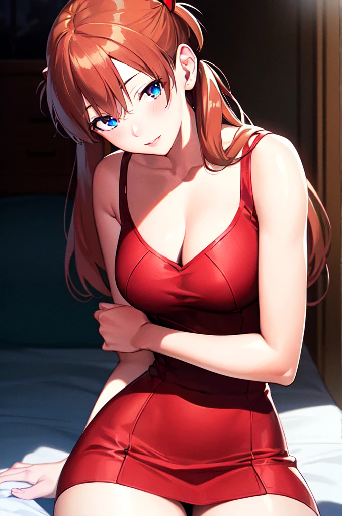 {{{{Neon Genesis Evangelion, Asuka Langley:1.9}}}}, 8k, Best Quality, Super detailed, It is high resolution., Highly detailed CG, Clear, Best aesthetic, Great shading, (Photorealistic:1.3), High contrast, Ultra-thin illustration, Shrinkage rate, Beautiful detailed eyes, Beautiful detailed skin, Realistic skin, Beautiful detailed hand, Beautiful detailed fingers, Beautiful detailed hair, Detailed hair, Beautifully detailed ears, Beautiful Detail Lip, Professional Lighting, Beautiful detailed backgrounds, Very realistic backgrounds, 1 Girl, Solo, Age 25, Beautiful woman, (((Glossy reddish-brown hair, Long Hair))),(((Twin tails))), ((((the eyes are dark blue, Oblique eyes)))), (Off-the-shoulder blouse, There is cleavage in the chest, Short red skirt, ), Movement angle,Lip gloss, Cowboy Shot, (blush), Room of Xicheng, Girl sitting