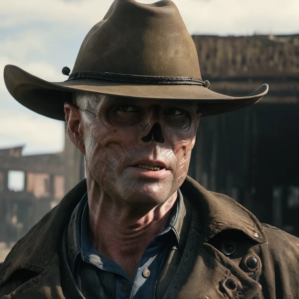 Close up of cooper the ghoul with no nose but otherwise looking like 40 year old Walton Goggins the actor but with smooth burned skin, standing in a post apocalyptic ruined city, wearing a dirty dark brown cowboy hat and long dark brown dirty trench coat with his gun in his hand. Photo-realistic. From Fallout TV series. Cinematic, Rich color, masterpiece, hyper realistic, ultra detailed, high quality, best quality, 4k, 8k, hi resolution,