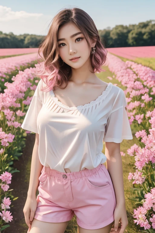 Top quality, RAW Photo, Highest Quality Image, 16K, Full body, Age 20 years old, Realistic, Photorealistic,  Beautiful Asian woman, Sexy, body, White pale skin, Beautiful hair, Wavy hair, Light Pink Hair,, Short hairstyle, Detailed face, Detailed body, Detailed skin, Double eyelids, Big eyes, long eyelashes, bright eyes, green eyes, natural lips, detailed lips, Saggy breasts, Small breasts, Flat Breasts, flat chested, Perfect breasts, posing in pink flowers field , briy light , sunny day, light wind, wearing white shirt and shorts 