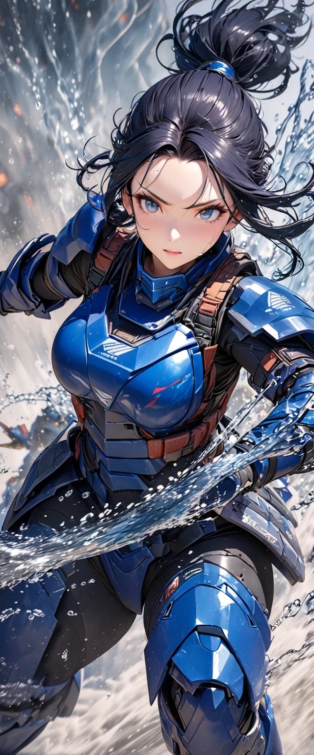 (masterpiece),(Highest quality),(High resolution),(Very detailed),8k,wallpaper,(Armored Core Style),Woman in ninja robot armor,(Tactical Forehead Protector),Random Hairstyles,(Water Ninja),(Blue body),(Detailed face),((Cowboy Shot)),(The background is thick fog:1.3),(dynamic),(Uses water ninjutsu:1.3),(action shot),Detailed hands,Beautiful female hands,(Hand,detailed,perfect,perfection,hands)
