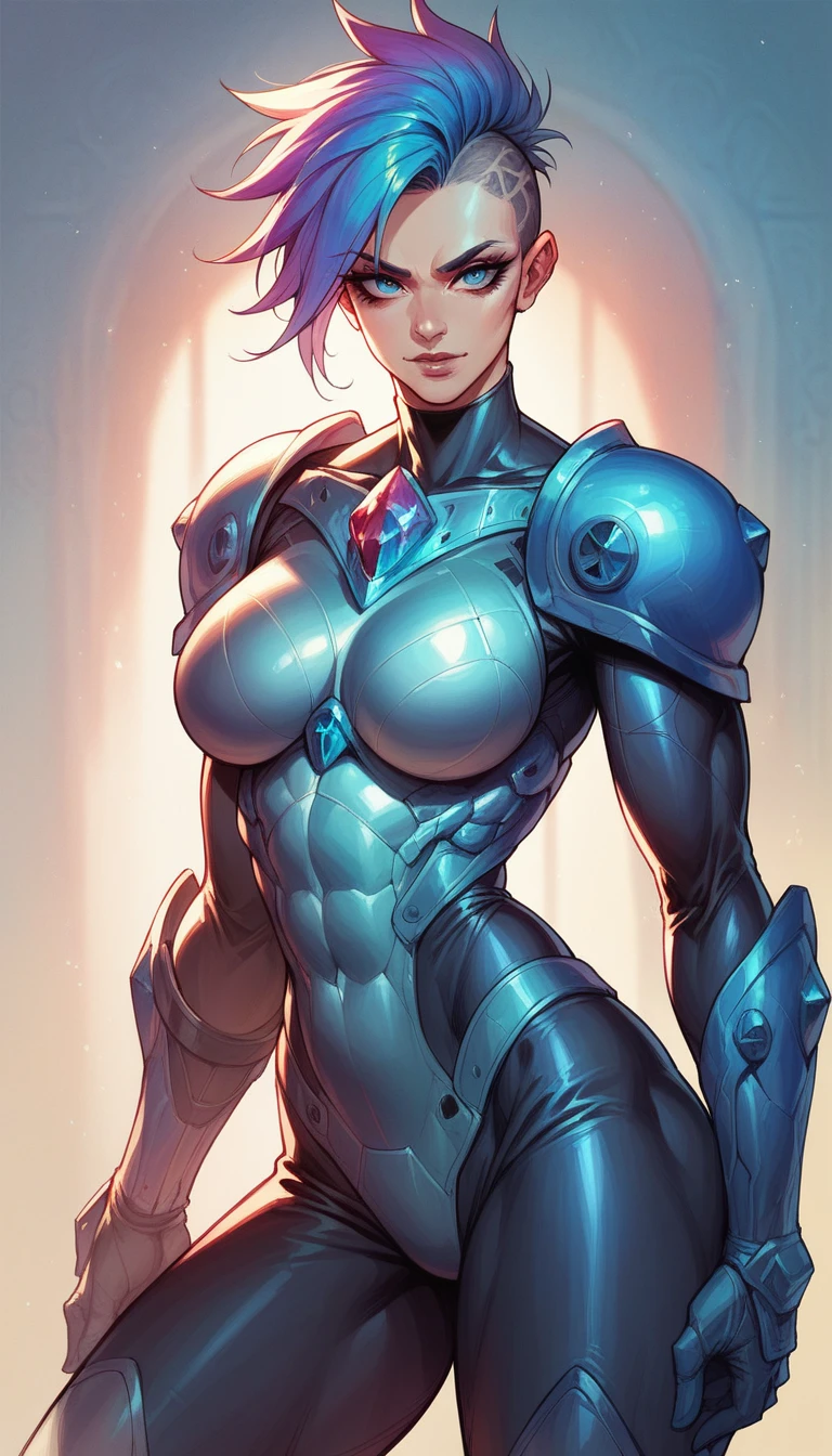 solo,female humanoid,fitness,black exosuit,full armor,multicolor trim,rgb,perfect lighting,standing,crystal trimmed,cyperpunk,trims veins,dynamic,seductive