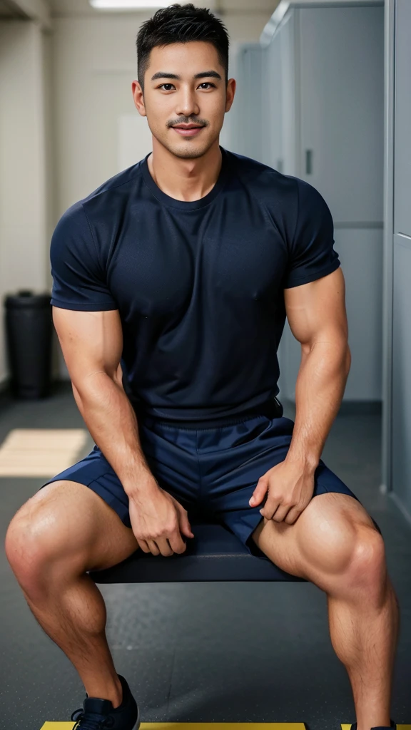 Masterpiece, best quality, high resolution, realistic, handsome, Take beautiful photos, A photo of a 35-year-old Gym Association member sitting on the floor. (The man has a thin mustache.) ,Full body, Portrait, Standing in the locker room, make military media, weight, Amazing , Buzzcut short hair,stubble head , (Hyper Muscle),looking at the audience, Flirt with the camera, charming, (Tight navy blue workout shirt. Cargo pants ),(GS-Male:1), 8k,Bokeh,Portrait,look at the viewer, smile 