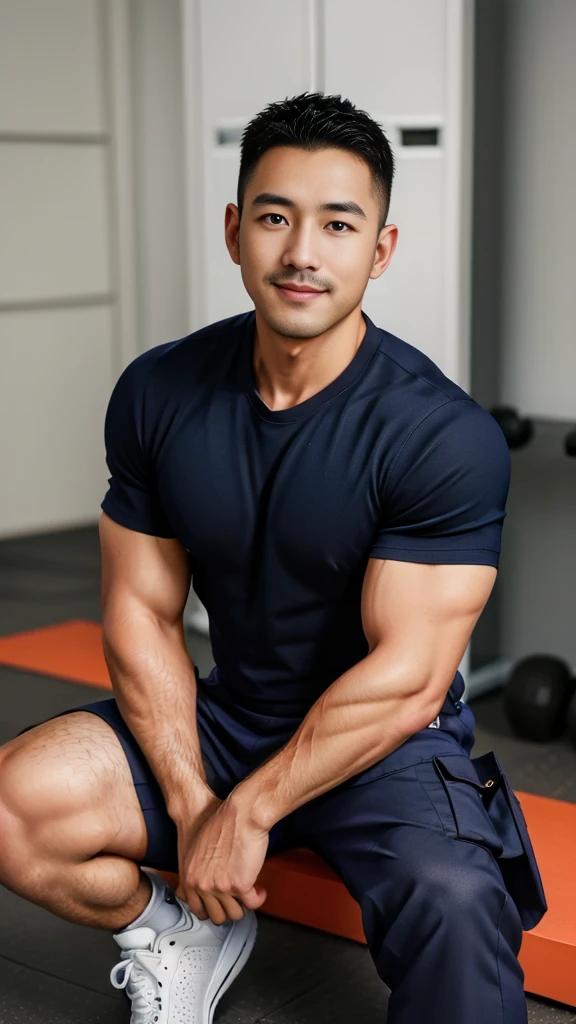 Masterpiece, best quality, high resolution, realistic, handsome, Take beautiful photos, A photo of a 35-year-old Gym Association member sitting on the floor. (The man has a thin mustache.) ,Full body, Portrait, Standing in the locker room, make military media, weight, Amazing , Buzzcut short hair,stubble head , (Hyper Muscle),looking at the audience, Flirt with the camera, charming, (Tight navy blue workout shirt. Cargo pants ),(GS-Male:1), 8k,Bokeh,Portrait,look at the viewer, smile 