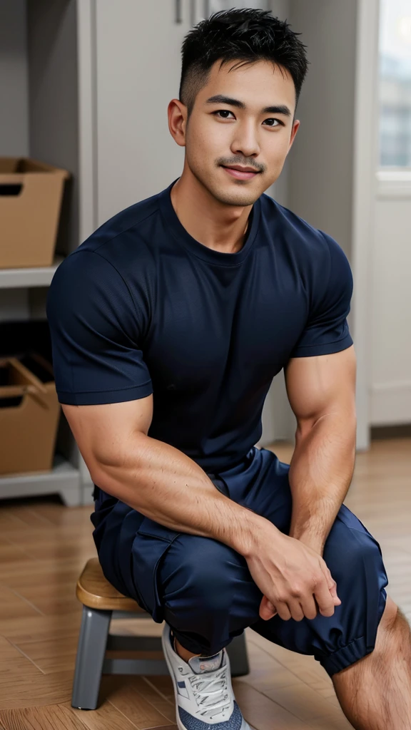 Masterpiece, best quality, high resolution, realistic, handsome, Take beautiful photos, A photo of a 35-year-old Gym Association member sitting on the floor. (The man has a thin mustache.) ,Full body, Portrait, Standing in the locker room, make military media, weight, Amazing , Buzzcut short hair,stubble head , (Hyper Muscle),looking at the audience, Flirt with the camera, charming, (Tight navy blue polo shirt Cargo pants ),(GS-Male:1), 8k,Bokeh,Portrait,look at the viewer, smile 