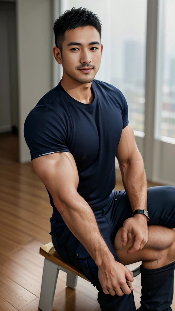 Masterpiece, best quality, high resolution, realistic, handsome, Take beautiful photos, A photo of a 35-year-old Gym Association member sitting on the floor. (The man has a thin mustache.) ,Full body, Portrait, Standing in the locker room, make military media, weight, Amazing , Buzzcut short hair,stubble head , (Hyper Muscle),looking at the audience, Flirt with the camera, charming, (Tight navy blue workout shirt. Cargo pants ),(GS-Male:1), 8k,Bokeh,Portrait,look at the viewer, smile