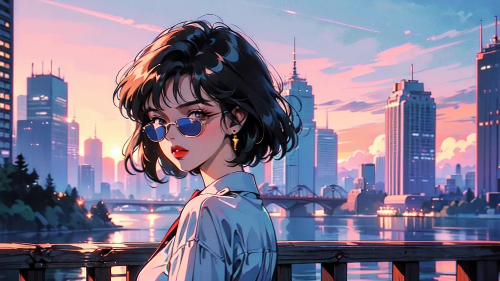 (80's, Retro, City Pop:1.5),  (masterpiece, Highest quality, Exquisite detail), (anime, figure), girl, alone, cool, Wearing sunglasses, short hair,Cityscape, Wearing a white shirt, Back view, At a slightly distant angle
