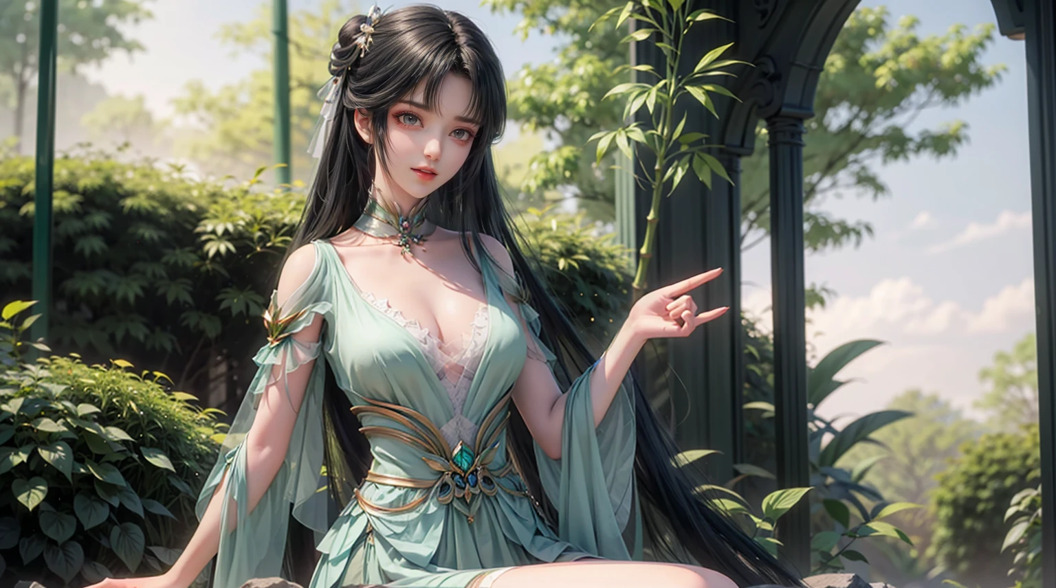 Arad woman in skirt standing next to bamboo forest, cute anime waifu in beautiful skirt, trending on cgstation, 8K high quality detailed art, anime barbie in white stockings, highly detailed beautiful fan art, extremely detailed artgerm, anime girl Squatting, flowing magic robe, beautiful seductive anime woman, WLOP and Sakimichan