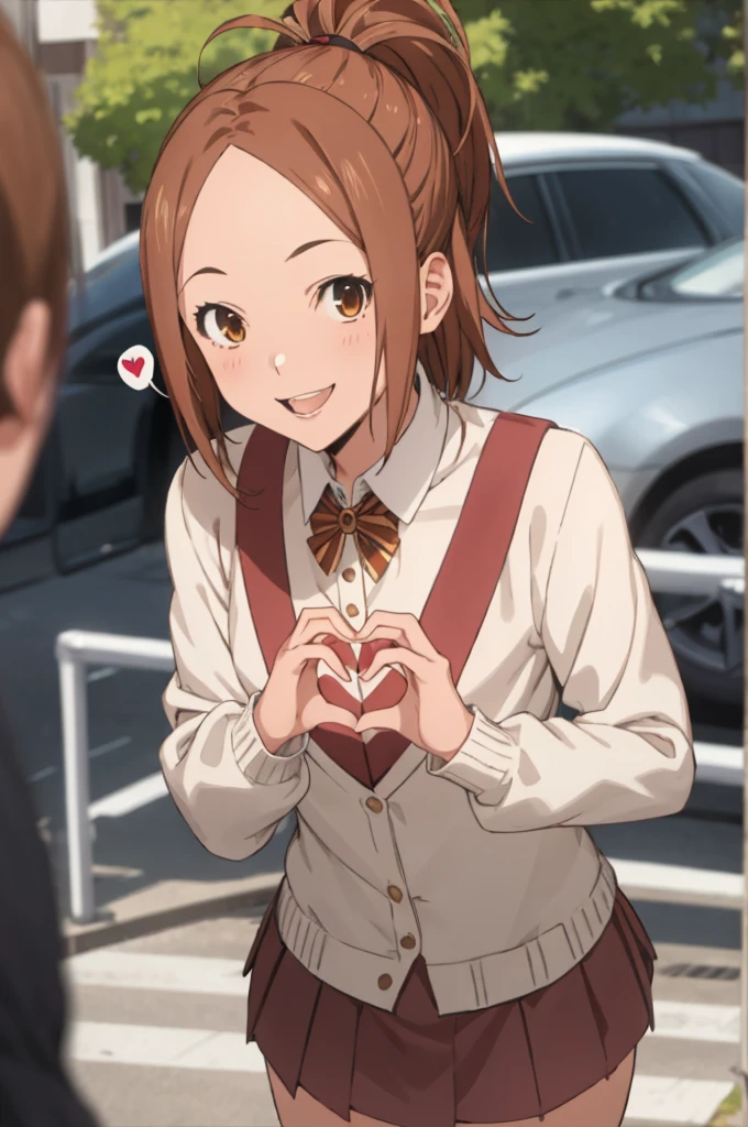 miyoshi kaya, light brown hair, high ponytail,orange eyes, parted bangs, forehead,
 1girl,solo,looking at viewer, ,evil smile,,,(spoken heart),,outdoor,flat chest,miniskirt,long sleeves